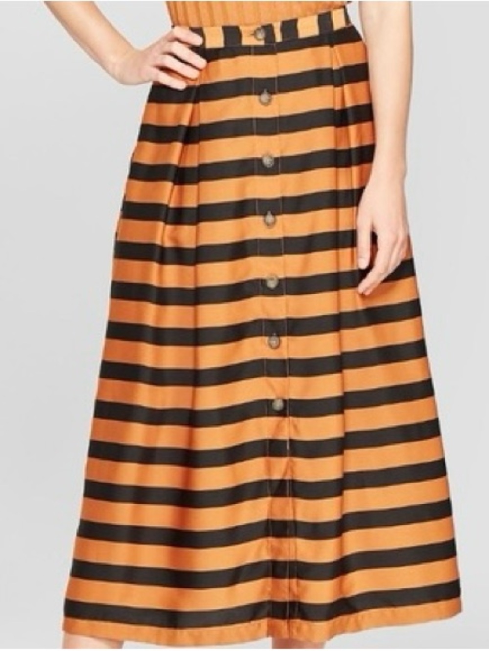 Who What Wear Orange and Black Striped A-Line Button-Front Midi Skirt